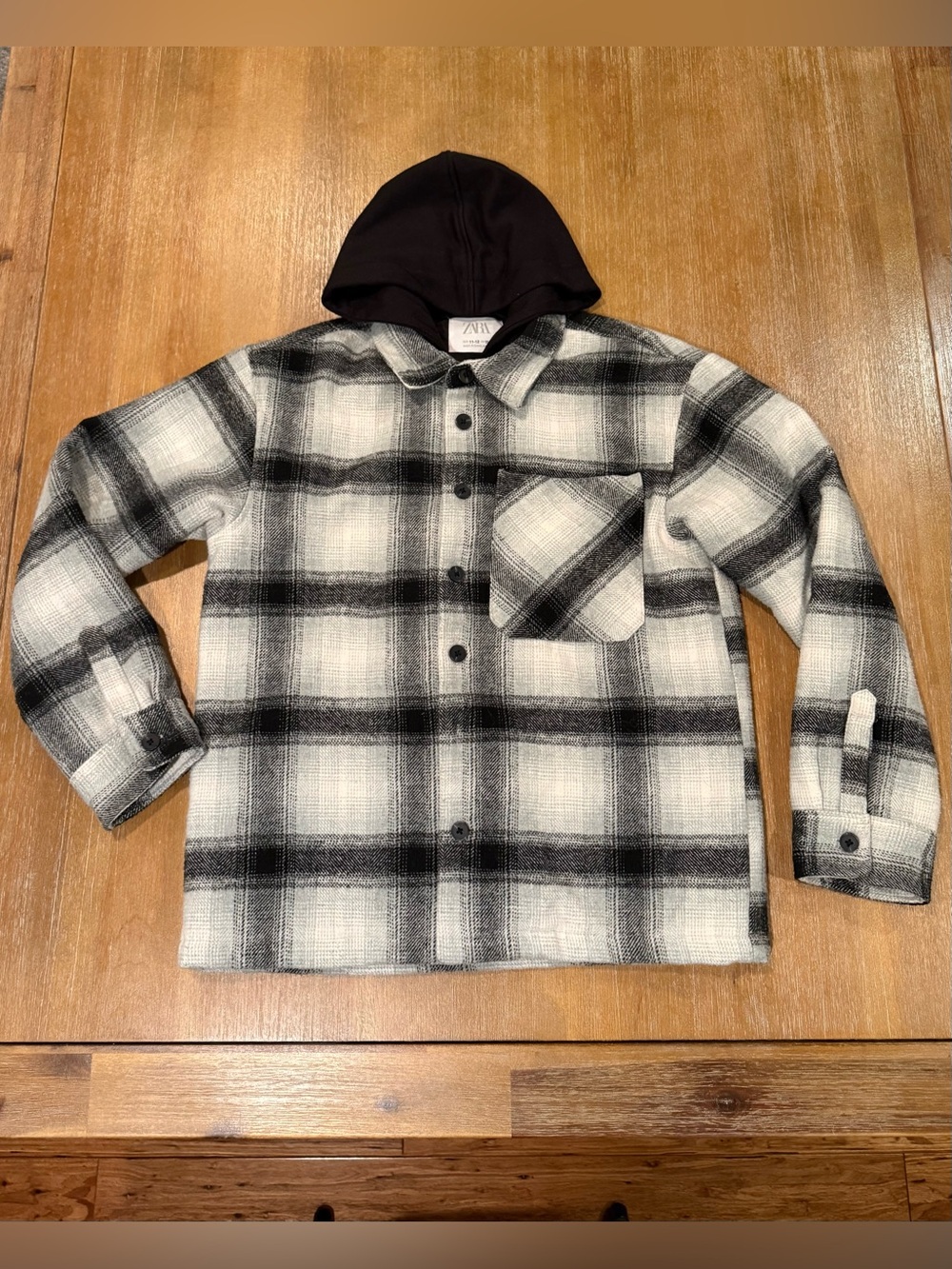 Zara Kids Overshirt Shacket w/Built In Black Hoodie Black White Plaid Size 11/12